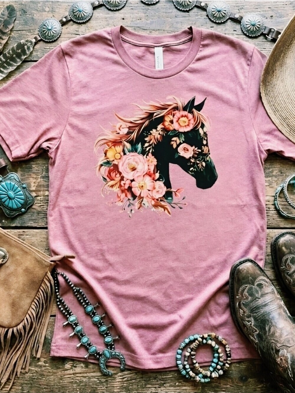 Floral Horse Graphic Tee Mauve Western Cowgirl Shirt Boho Country Top